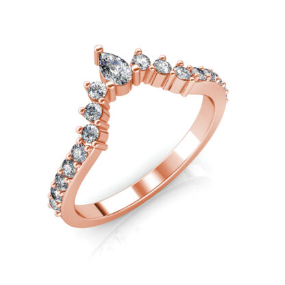 Perspective view of rose gold pear diamond curved crown band