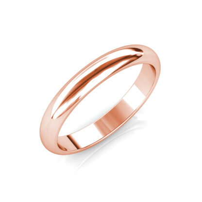 Perspective view of rose gold polished domed wedding band