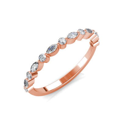 Perspective view of rose gold marquise and round diamond half eternity ring