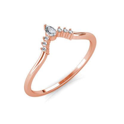 Perspective view of rose gold pear diamond slim V contour ring