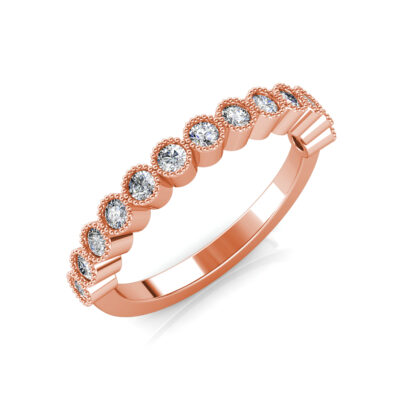 Perspective view of rose gold milgrain bezel diamond half eternity band
