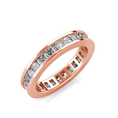 Perspective view of rose gold princess cut channel-set eternity ring