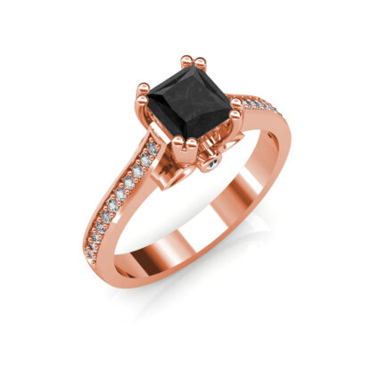Perspective view of rose gold black diamond solitaire ring with pave shoulders