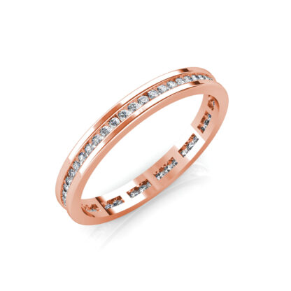 Perspective view of rose gold slim channel-set diamond eternity band