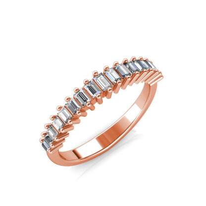 Perspective view of rose gold prong-set baguette diamond half eternity ring