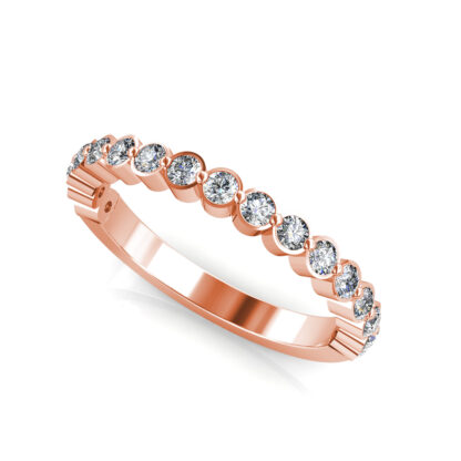 Perspective view of rose gold bezel-set diamond half eternity band