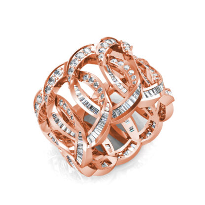 Perspective view of rose gold interlocking loop baguette diamond wide ring