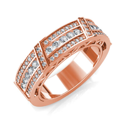 Perspective view of rose gold wide channel and pave diamond band