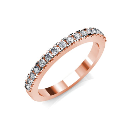 Perspective view of rose gold shared-prong diamond half eternity band