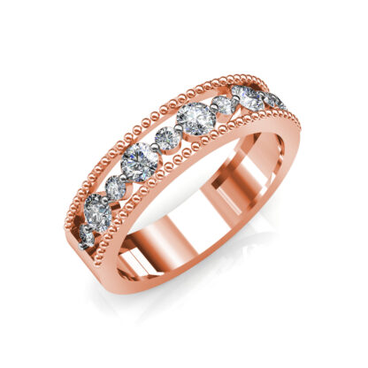 Perspective view of rose gold beaded milgrain graduated diamond band