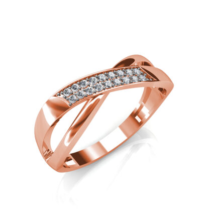 Perspective view of rose gold pave diamond crossover wedding ring