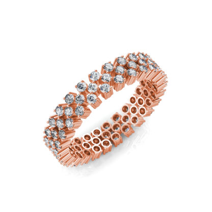 Perspective view of rose gold double row staggered diamond eternity band