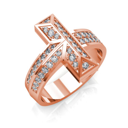 Perspective view of rose gold pave diamond T shape statement ring