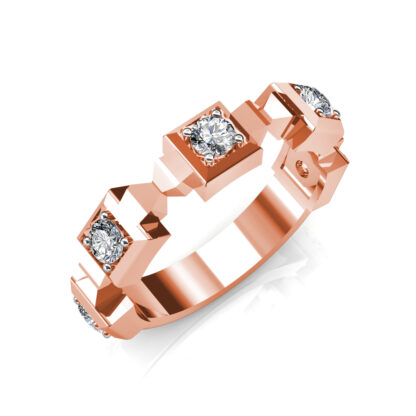 Perspective view of rose gold geometric block bezel diamond band