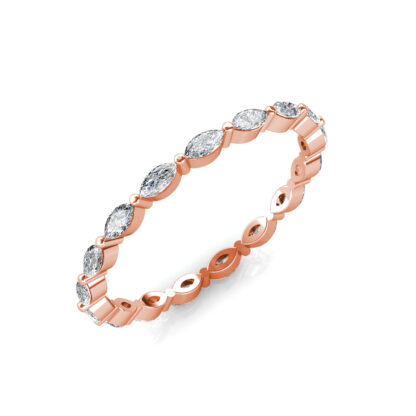 Perspective view of rose gold marquise diamond station eternity ring