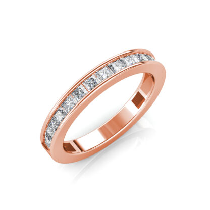 Perspective view of rose gold princess cut channel-set diamond band ring
