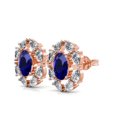 Rose gold sapphire diamond halo stud earrings, perspective view