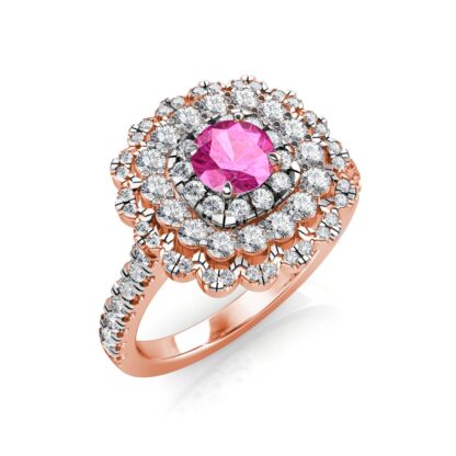 Perspective view of rose gold pink sapphire diamond triple halo ring