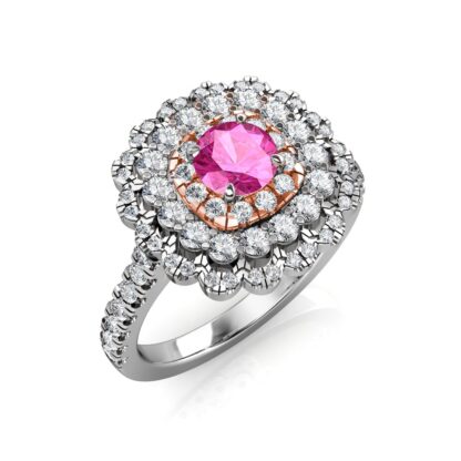 Perspective view of white gold with a rose gold inner halo pink sapphire diamond triple halo ring