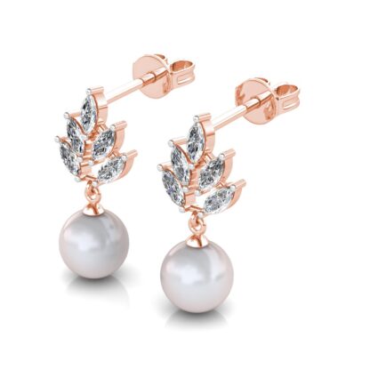 Perspective view of rose gold marquise diamond leaf pearl drop earring