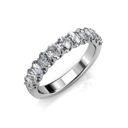 Perspective view of white gold or platinum oval diamond half eternity ring