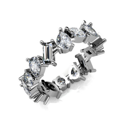 Perspective view of white gold or platinum mixed shape diamond eternity band