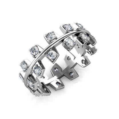Perspective view of white gold or platinum staggered square bezel diamond band