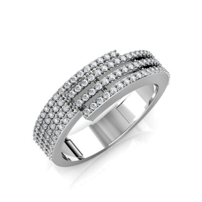 Perspective view of white gold or platinum four row pave diamond bypass band