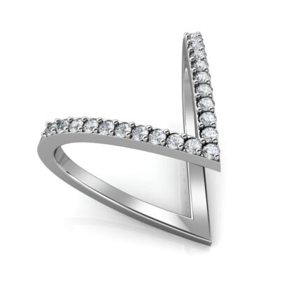 Perspective view of white gold or platinum elongated V pave diamond ring