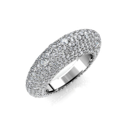 Perspective view of white gold or platinum full pave diamond dome ring