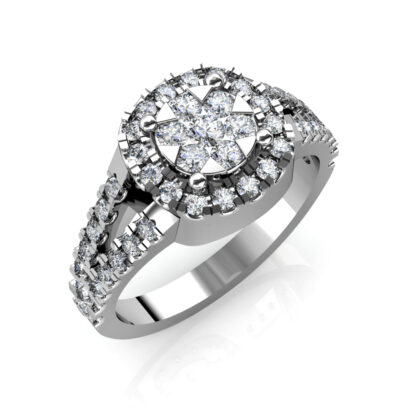 Perspective view of white gold or platinum illusion cluster halo split shank ring