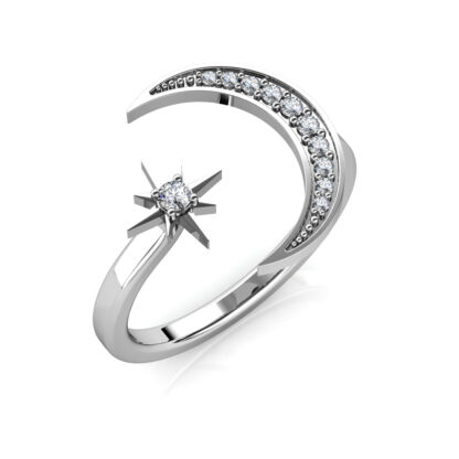 Perspective view of white gold or platinum crescent moon and star diamond ring