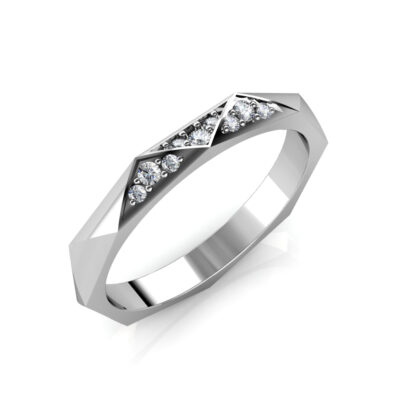 Perspective view of white gold faceted geometric diamond band