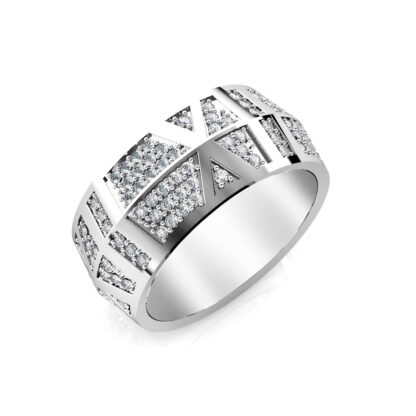 Perspective view of white gold or platinum wide pave diamond panel band