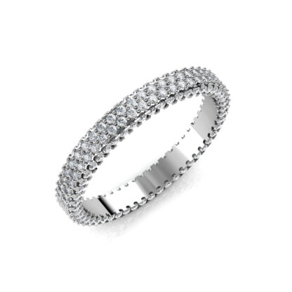 Perspective view of white gold or platinum triple row pave diamond eternity band