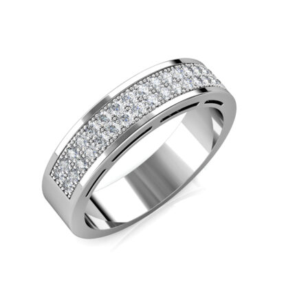Perspective view of white gold or platinum wide two-row pave diamond slotted band