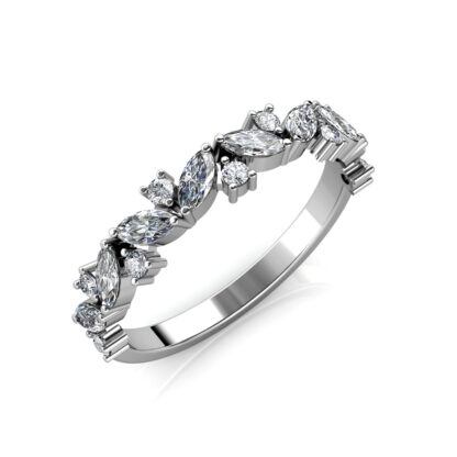 Perspective view of white gold or platinum marquise diamond leaf vine band