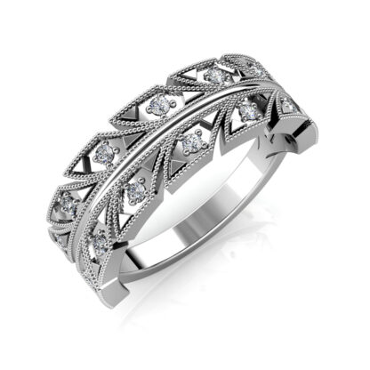 Perspective view of white gold or platinum milgrain leaf pattern diamond band