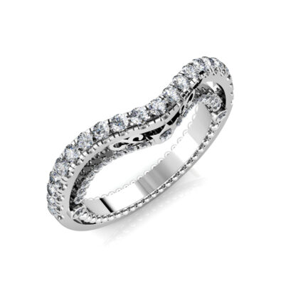 Perspective view of white gold or platinum curved pave diamond contour wedding band