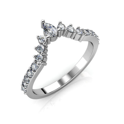 Perspective view of white gold or platinum pear diamond curved crown band