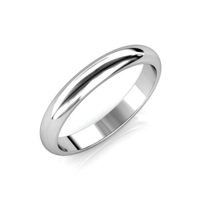 Perspective view of white gold or platinum polished domed wedding band