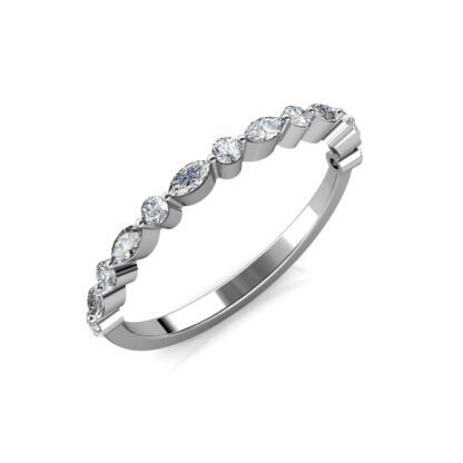 Perspective view of white gold or platinum marquise and round diamond half eternity ring