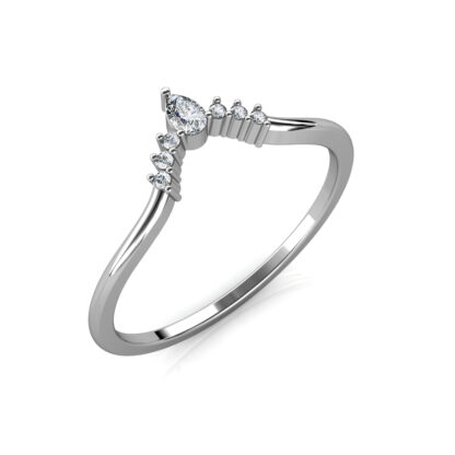 Perspective view of white gold or platinum pear diamond slim V contour ring
