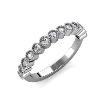 Perspective view of white gold or platinum milgrain bezel diamond half eternity band