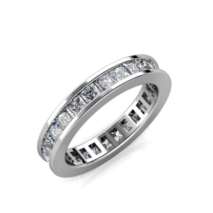 Perspective view of white gold or platinum princess cut channel-set eternity ring