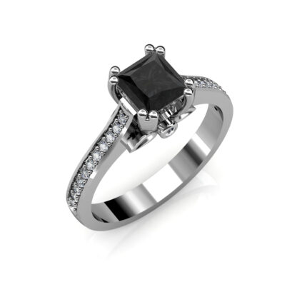 Perspective view of white gold or platinum black diamond solitaire ring with pave shoulders