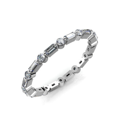 Perspective view of white gold or platinum baguette and round diamond station eternity band