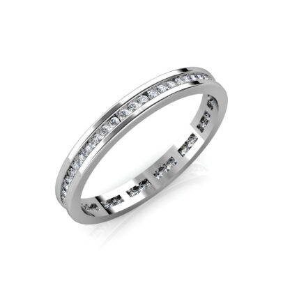 Perspective view of white gold or platinum slim channel-set diamond eternity band
