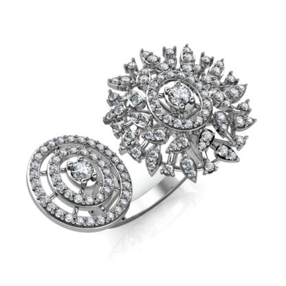 Perspective view of white gold or platinum two-finger diamond sunburst cocktail ring