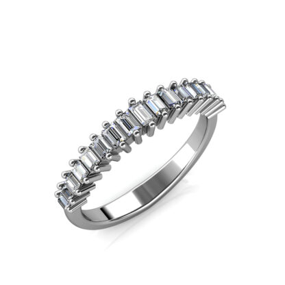 Perspective view of white gold or platinum prong-set baguette diamond half eternity ring